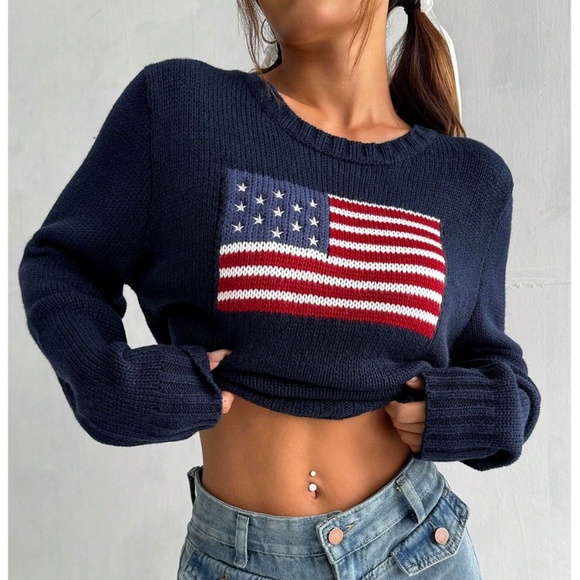Rouge! Sweaters - American Flag Knit Navy Blue Pullover Sweater Crew Neck Long Sleeve Drop Shoulde